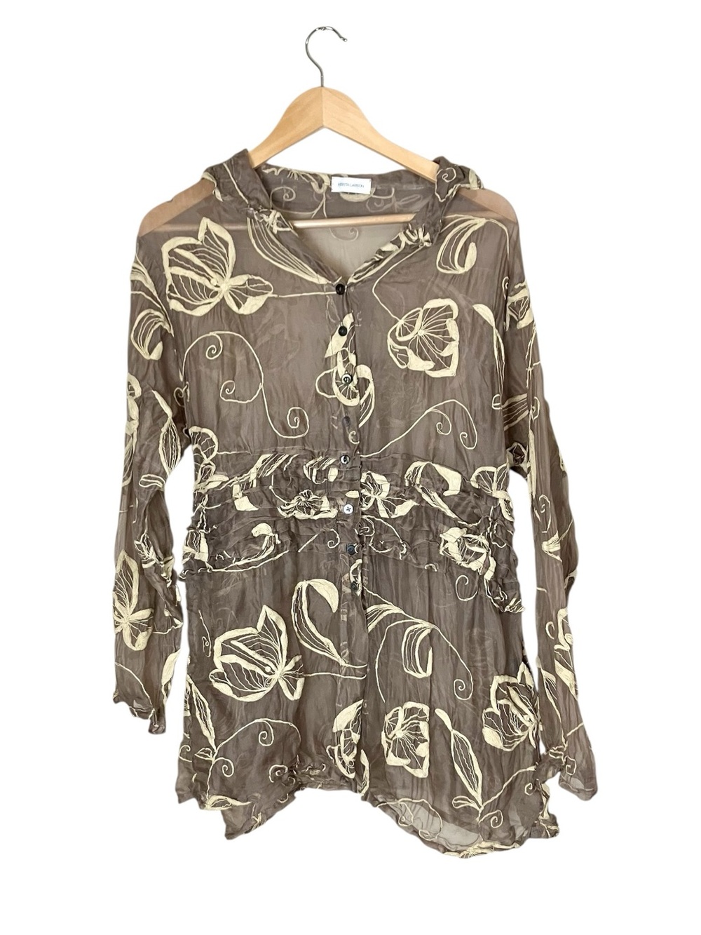 Krista Larson Brown Ruffle Sheer Floral Embroidered Button Down Blouse One Size